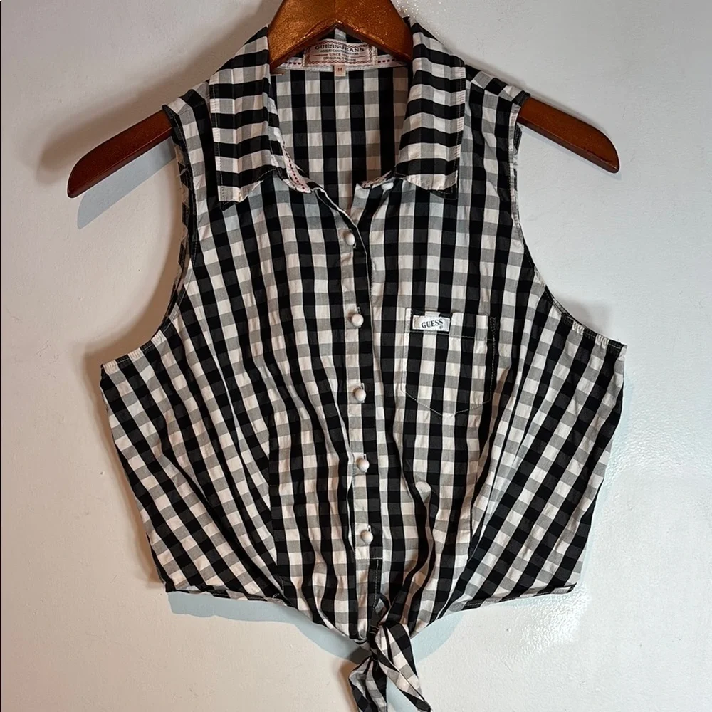GUESS Black & White Checkered sleeveless tie-waist Women's top size medium - Picture 4 of 12